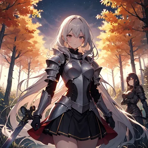 A group of  female knight, (in forest), various hair styles, harem, wearing armored clothes, metal armor, night, details face, , short skirt, seducing, sword 