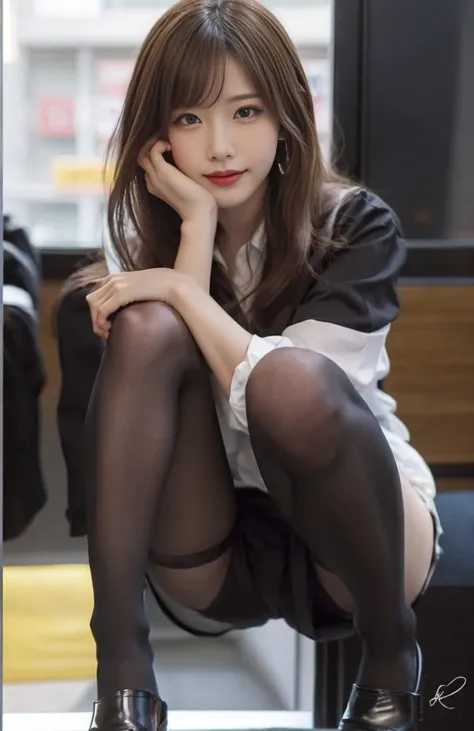 beautiful japanese woman，Photo taken by a professional photographer，Flashy makeup with red eyeshadow，double eyelid，best smile，Delicate brown hair with a short cut and side waves，Large ring earrings，elegant legs，wearing black high heels，long and thin legs, ...