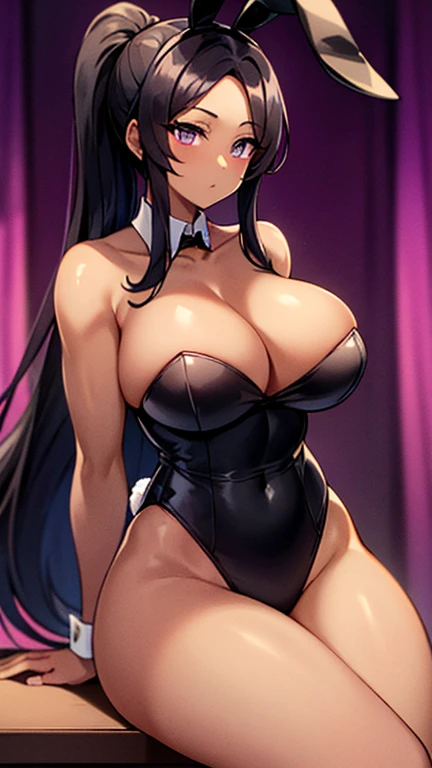 beautiful young woman, long black hair, high ponytail, parted bangs, (purple eyes: 1.5), Sitting on a chair in the room, (dark skin: 1.4), Wearing rabbit ears, ((black bunny girl outfit)), large breasts, muscular thighs, purple eyes