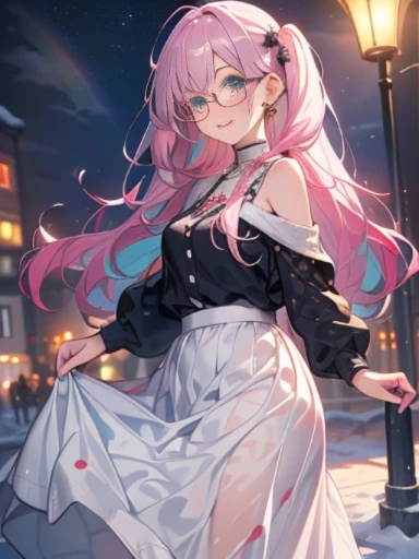 Take a photo from the front、snow country、The arrival of winter、big butt、 (alone:1.5,)Super detailed,bright colors, very beautiful detailed anime face and eyes, look straight,  shiny_skin,girl, (((rainbow colored hair, colorful hair, Half blue、half pink hai...