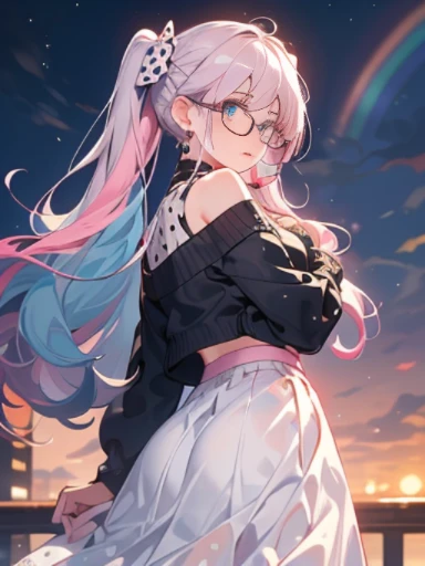 Take a photo from the front、snow country、The arrival of winter、big butt、 (alone:1.5,)Super detailed,bright colors, very beautiful detailed anime face and eyes, look straight,  shiny_skin,girl, (((rainbow colored hair, colorful hair, Half blue、half pink hai...