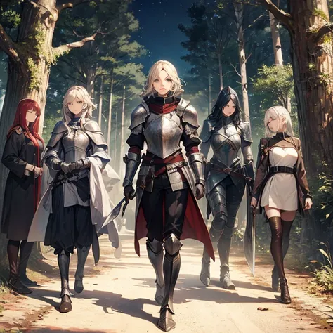 A group of  female knight, (in forest), various hair styles, harem, wearing armored clothes, metal armor, night, details face, , trousers, seducing, sword, helmet 