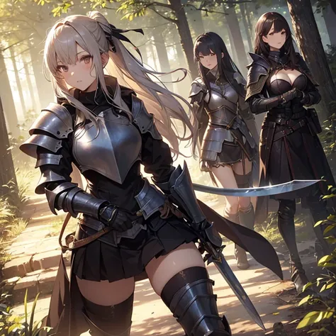 A group of  female knight, (in forest), various hair styles, harem, wearing armored clothes, metal armor, night, details face, , short skirt, seducing, sword 