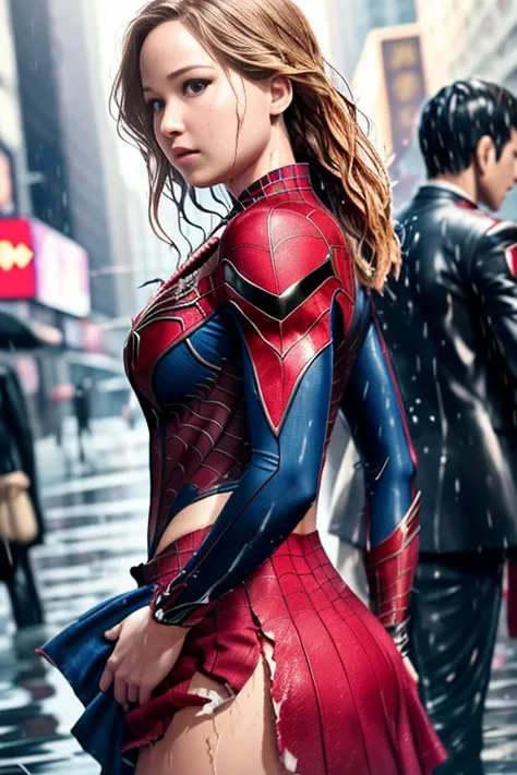 jennifer lawrence、マーベル・コミック映画のposter, very beautiful, movies about spiderman, sexy, whole body, Im wearing a skirt、premiere date, poster、belly buttonを突き出す、new york、she&#39;s wearing a torn spiderman suit,the suit is torn、wearing a skirt、 red and black colo...