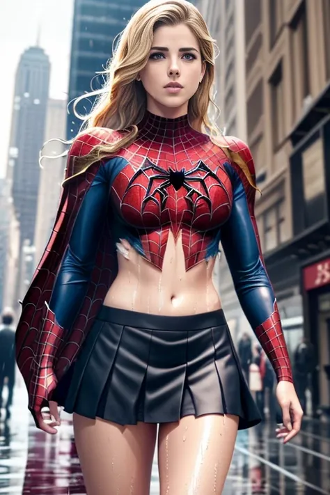 Emily Bett Rickards、マーベル・コミック映画のposter, very beautiful, movies about spiderman, sexy, whole body, Im wearing a skirt、premiere date, poster、belly buttonを突き出す、new york、she&#39;s wearing a torn spiderman suit,the suit is torn、wearing a skirt、 red and black co...