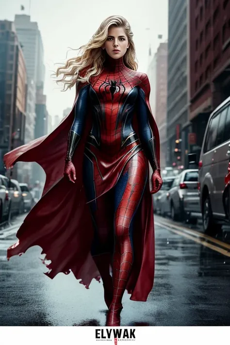 Emily Bett Rickards、マーベル・コミック映画のposter, very beautiful, movies about spiderman, sexy, whole body, Im wearing a skirt、premiere date, poster、belly buttonを突き出す、new york、she&#39;s wearing a torn spiderman suit,the suit is torn、wearing a skirt、 red and black co...