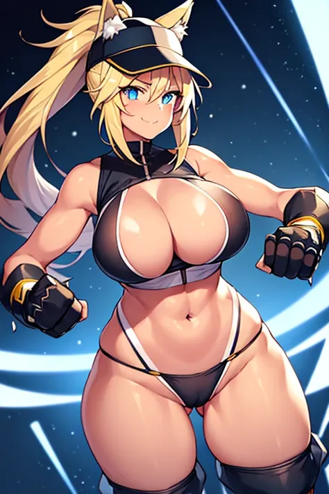 1girl, large breasts, breasts, thick thighs, wide hips, wolf ears, wolf tail, blonde hair, tan skin, tan body, tan, toned, toned female, gloves, fingerless gloves, black jacket, jacket, sports bra, sportswear, blue neon trim, blue trim, highleg panties, ne...