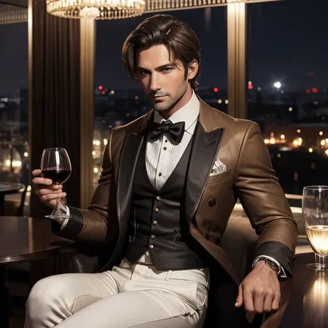 Man in his 30s light brown hair black Steampunk evening suit with white jeans black silver trim muscular build holding a glass of wine looking straight at the viewer in the background of a hotel at night  