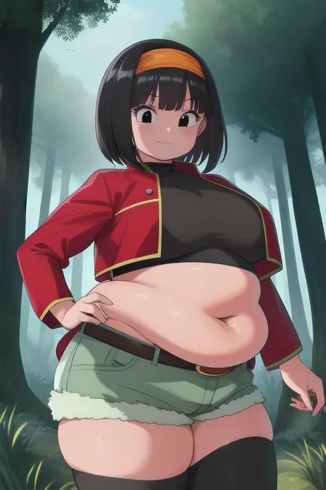 pan,1girl,solo,short hair,bangs,black hair,orange headband,black eyes,
belt,crop top,red jacket,crop jacked,green shorts,turtleneck
smile,closed mouth,cowboy shot,
forest,outdoor,
(insanely detailed, beautiful detailed face, masterpiece, best quality) cine...