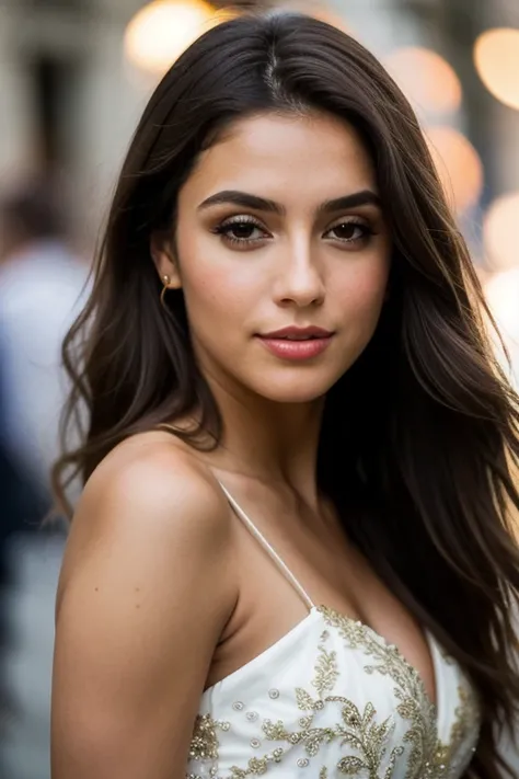 fotografia de uma mulher, (Facial expression), pele texturizada, long brown hair, dress, sexy, glam makeup, Lisboa, perfect brown eyes, Suporte de 160 cores, filmado em ARRI ALEXA 65, Bokeh, sharp focus on the subject, filmado por Don McCullin