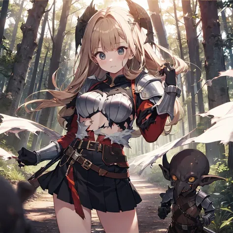 A female knight, (in forest), wearing armored clothes, metal armor, night, details face, , short skirt, surrounded by goblins, various weapons, torn clothes 