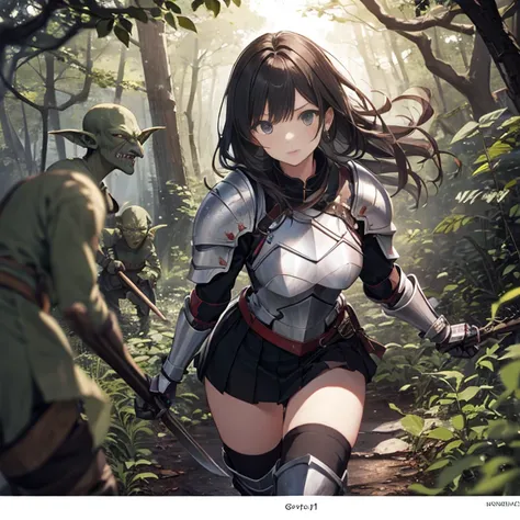 A female knight, (in forest), wearing armored clothes, metal armor, night, details face, , short skirt, surrounded by goblins, various weapons