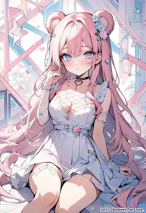 beautiful flower々）,mole under eye, a heart shaped choker, (masterpiece, highest quality), official art, beautiful and aesthetic: 1.2), (1 girl), very detailed, (geometry art: 1.3), colorful、pink long hair、bear ears、 whole body,light blue eyes