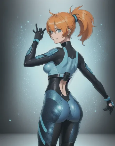 1girl, ((32year old, Wearing a tight blue futuristic sci-fi bodysuit:1.2, utility belt, boots, medium breasts, short orange hair, pony tail styled hair, perfect model body:1.3, detailed blue eyes:1.5, Seductive grin on face, looking from behind:1.2, back s...