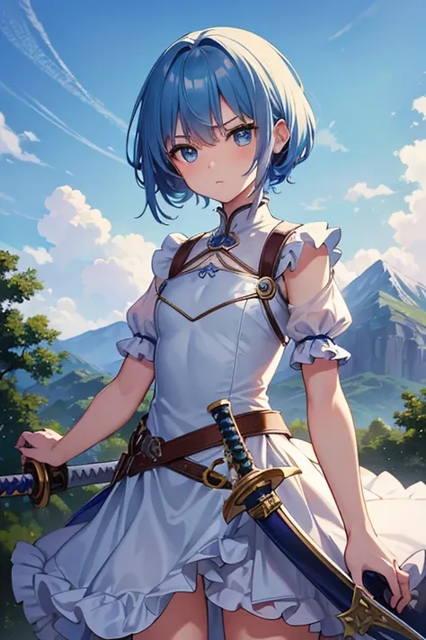 最high quality,very detailed,high quality,very detailed,masterpiece,super fine,ultra high resolution,超high quality,super delicate face,surreal,(1 person:1.2)、woman、(:1.5)、sky blue hair color、(Cute sky blue eyes)、(short:1.3)、flat chest 、 body shape、(twin dri...