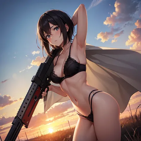 mikasa1 a woman, looking at the viewer, cowboy shot, at the streets, beautiful face, standing on the grassland, sunset , 20 years age, athletic figure, wearing pantie and bra, hands behind the head, armpits, attack on titan style environment, unreal engine...