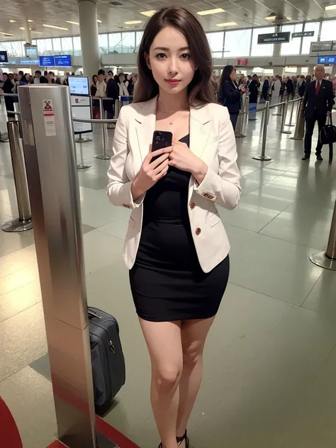 highest quality, masterpiece, 8K, ultra high resolution, (Photoreal:1.4), 1 girl、beautiful expression、symmetrical eyes、big breasts、perfect body proportions、stewardess、Unbutton your chest、look at the audience、(At the airport:1.2)、long legs(1.3)、