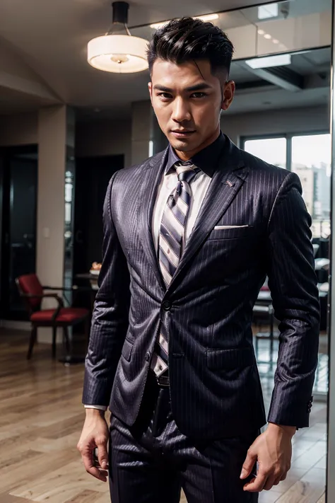 (Two men), (Non Women and female), (40ys asian handsome high fade hair hot gay men), in shiny pinstripes stripes sharp suit with silk tie, 8K, Ultra HD