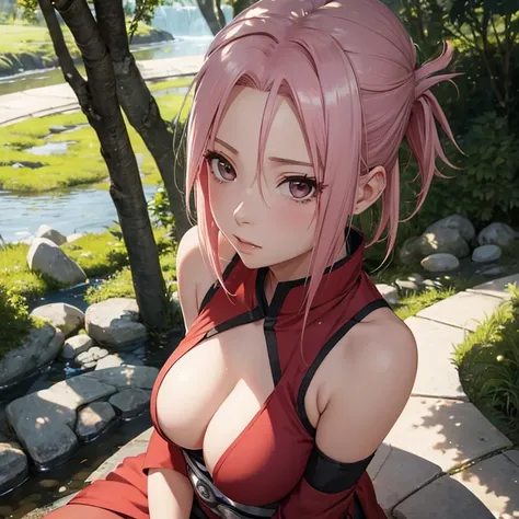 (masterpiece),Best quality,good anatomy, (1 girl:1), Sakura Haruno, Naruto Shippuden, , symbol of konohakagure, realistic face, (upper body), (A view from above), (mouth closed),short hair,(Hanfu),(ecchi0.5), (trees:0.5), (Flowers:0.6),(bamboo forest:0.2),...