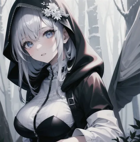 (Masterpiece, Best quality, ultra high resolution, splendid),1girl,dressed in black, hooded, beautiful and detailed face, detailed eyes,(In a white forest, white trees, white ground),forest