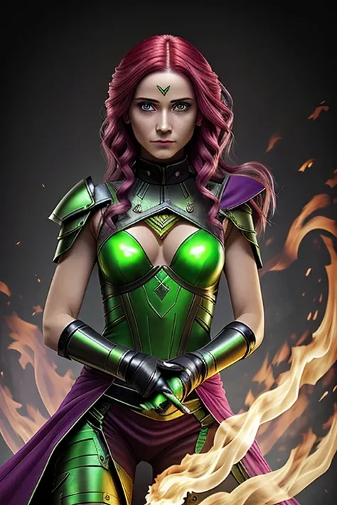 Latin mage girl with magenta hair green eyes wearing greenish light armor manipulating fire in her hands over the void