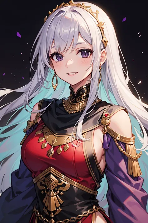 1 girl, silver hair, (((black eyes))), smiling, cute, cold face, calm face, happy, detailed face, detailed eyes, (((red and purple ancient middle eastern clothes))), red Arabian ancient clothes, red and purple Arab clothes, Middle East clothes 