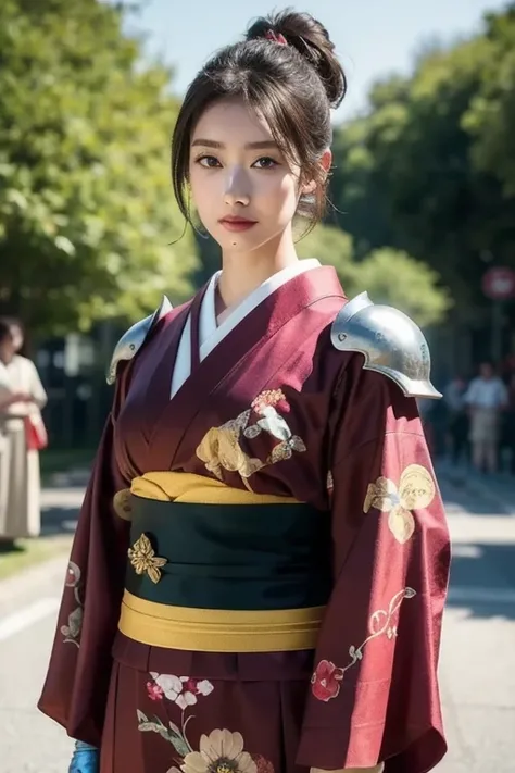 warrior,arms,armor,sword,alone,japanese armor,warrior,long hair,black hair,holding,knife,holding arms,topknot,looking at the viewer,cigarette,1 girl,hair ornaments,ponytail,sheath,black eye,holding sword,shoulder armor,Blood,male focus,Hairpin,kusazuri,she...