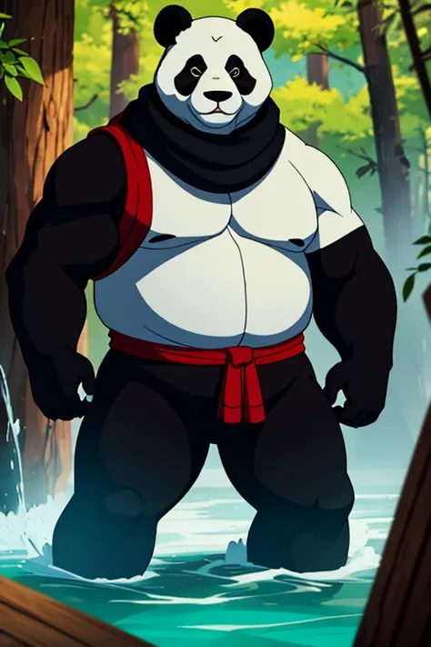 Panda has the appearance of a fully-grown giant panda. He stands much taller than his classmates with his bear-shaped frame and sometimes dons clothing. He has been shown to wear armbands, scarves and jackets at times.