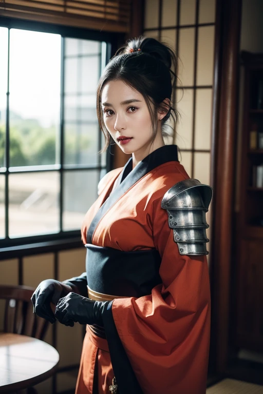 warrior,arms,armor,sword,alone,japanese armor,warrior,long hair,black hair,holding,knife,holding arms,topknot,looking at the viewer,cigarette,1 girl,hair ornaments,ponytail,sheath,black eye,holding sword,shoulder armor,Blood,male focus,Hairpin,kusazuri,she...