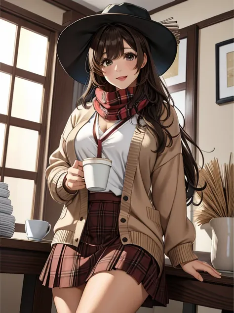 1 girl, 紅leaf, bangs, black hat, blurred background, blush, brown eyes, brown hair, brown scarf, brown skirt, cardigan, coffee, ...