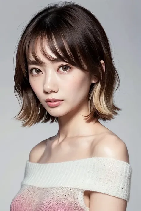 beautiful japanese woman、1 person,very pretty and slim、outstanding style 、((8K image、super high quality))、very delicate face, skin and hair、short hair、straggling hair,(((((gradient hair、blonde))))),Very cute Japanese cut face、Eyes and nose are clearly visi...