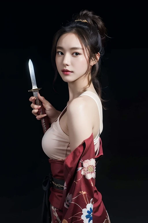 warrior,arms,armor,sword,alone,japanese armor,warrior,long hair,black hair,holding,knife,holding arms,topknot,looking at the viewer,cigarette,1 girl,hair ornaments,ponytail,sheath,black eye,holding sword,shoulder armor,Blood,male focus,Hairpin,kusazuri,she...