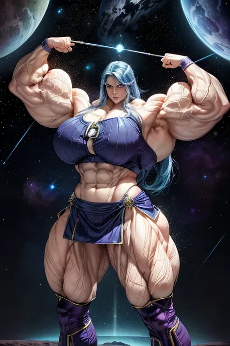 ((((Massive, tall, beautiful, buff, pale white skinned muscular woman with royal blue hair, glowing eyes, slight makeup, ginormous bulky muscles, flying in space and wearing an all violet purple Green lantern costume with a miniskirt)))), vascular body, ((...