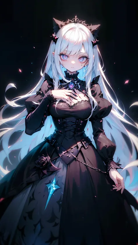 anime vampire princess, long white hair, gothic style, roses in hair, dark black eyelashes, white glow irises, light blue dress,...