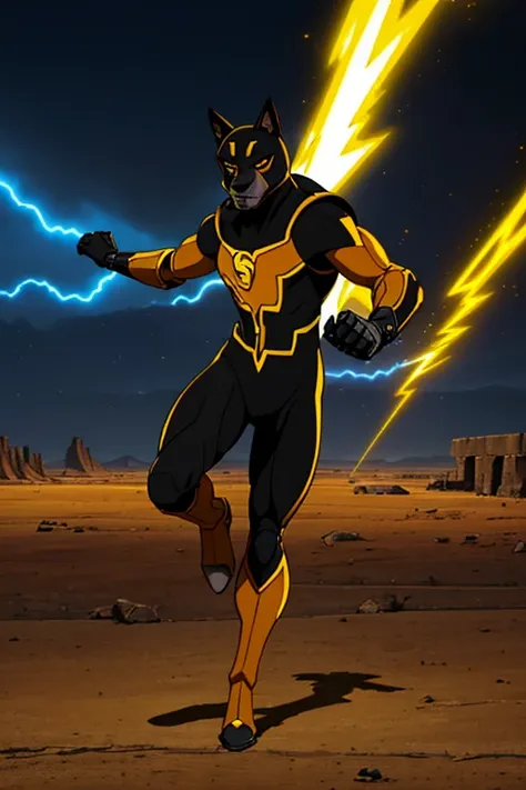 (A full body image of a heroic German Shepherd anthro, yellow fur, black super hero costume for a speedster), (lightning effects in the area), (background is a barren wasteland) (he looks like a superhero), (((his right arm and left leg are mechanical)))