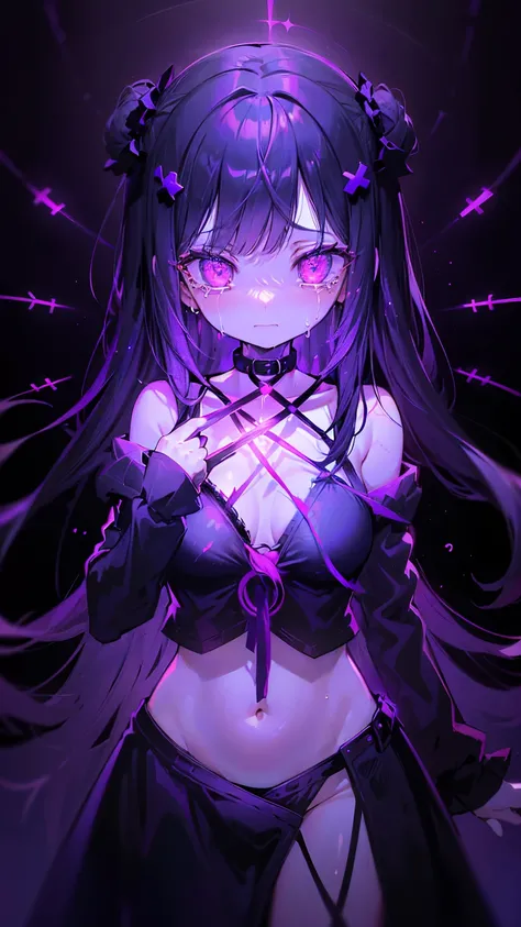 (1girl, long hair, collar, purple eyes, glowing, glowing eyes, extra eyes, horror (theme), sobbing) (digital) ( in detailed classroom, (criss-cross halter)) , best quality, insanevoid 