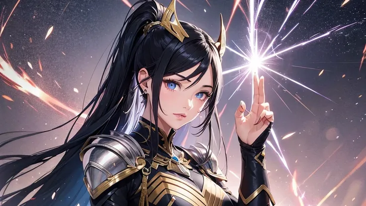 a mature woman, Confident, mighty and strong, (black blue hair streaked sky blue luminous hair), ((Extra long high ponytail with single side ear front hair combed in back)), floating hair, hair strand, shiny hair, blue amber eyes, pupils sparkling, aqua ey...