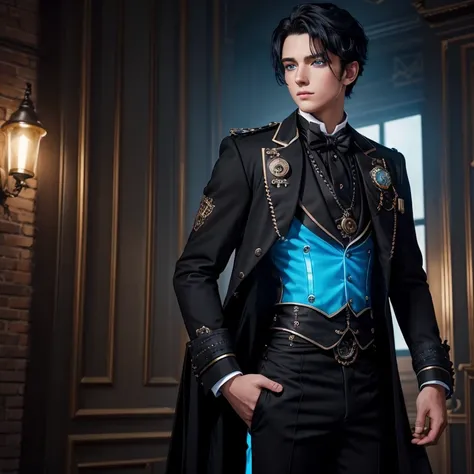 20-year-old boy in black Steampunk gala suit with neon blue decorations, black pants, black hair, blue eyes, looking straight at the viewer with 