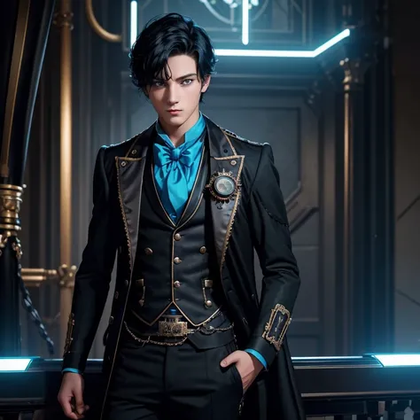 20-year-old boy in black Steampunk gala suit with neon blue decorations, black pants, black hair, blue eyes, looking straight at the viewer with 