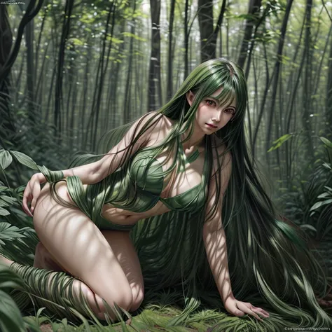 Portrait of a forest mage, female, Set made of green leaves, beautiful, green hair, brown skin, curve, forest background, Highly detailed, smooth, Sharp focus, chiaroscuro, digital painting, Artgerm and Greg Rutkowski and Alphonse Mucha