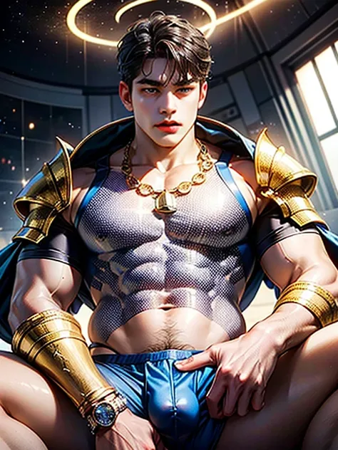 man with halo armor,  in a space base,Slightly rusty aura armor, professional photos, Milky Way Arav, a man with a K letter necklace on his neck and a shirtless torso., have a belly, Sit comfortably while spreading your legs., (fat(from below:1.1)), Eyes o...