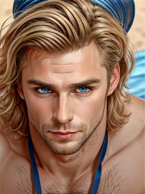 (masterpiece, disorganized, high resolution, super detailed), 1 man, wavy blonde hair, adult, blue eyes, ponytail, male focus,ha...