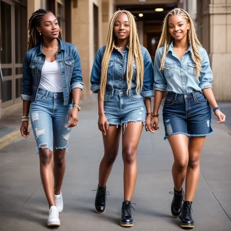 A  beautiful detailed social media image of two college friends girls ,one with blonde faux locs another with straight blac hair dressed in trendy denim and doc martin shoes a pinterest image, high detailed. realistic texture. hyper-detailed ,ultra high re...