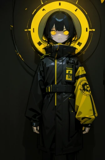 One girl in black and yellow techwear clothes, Circle neon on background,[full body, (masterpiece), (High resolution), (super delicate), scribble, nightmare, doll-like face, cartoon style, rough sketch, Horror elements, Comic style illustration, Japanese p...