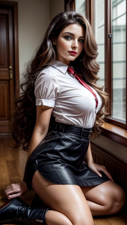 Retro style, beautiful female model, glamorous body, plump body, long haired person, wavy hair, chestnut hair, smooth skin, blue eyes, enchanting smile, dark makeup, red lips, ((professional uniform style sexy unbotton Minimalist outfit)), accessories, boo...