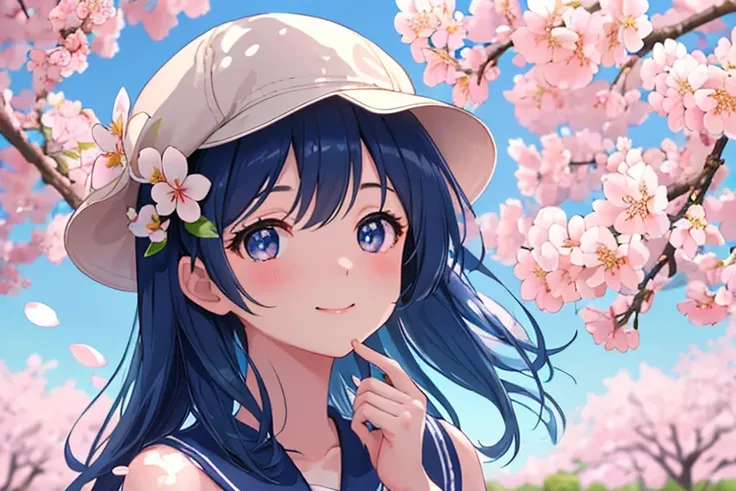 8k, masterpiece, ((correct hands)), beautiful eyes, a sunny day with a cute girl in the park, wearing cap, cherry blossom, light smile, upper body, looking at you