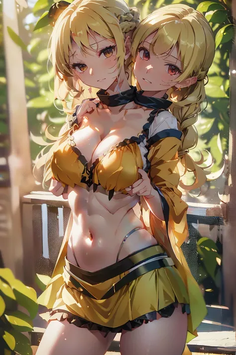 (masterpiece, best quality), best quality, (ultra-detailed), (3heads:1.5), 1girl, (okina matara:1.3), masterpiece, best quality, ultra quality, ultra resolution, ultra detail, yellow-orange top, crop top, ((stomach)), midriff, ((groin)), green skirt, norma...