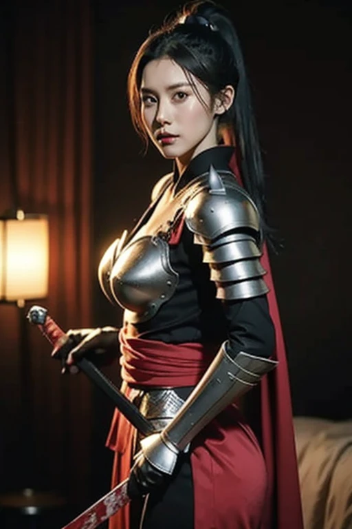 warrior,arms,armor,sword,alone,japanese armor,warrior,long hair,black hair,holding,knife,holding arms,topknot,looking at the viewer,cigarette,1 girl,hair ornaments,ponytail,sheath,black eye,holding sword,shoulder armor,Blood,male focus,Hairpin,kusazuri,she...