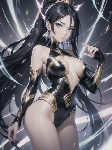 a mature woman, Confident, mighty and strong, (black blue hair streaked sky blue luminous hair), ((Extra long high ponytail with single side ear front hair combed in back)), floating hair, hair strand, shiny hair, blue amber eyes, pupils sparkling, aqua ey...