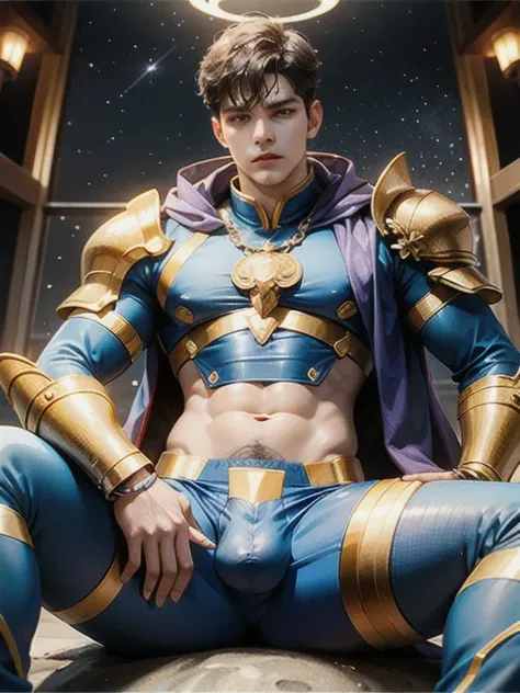 man with halo armor,  in a space base,Slightly rusty aura armor, professional photos, Milky Way Arav, a man with a blue crystal necklace. There was no shirt on the neck and body., have a belly, Sit comfortably while spreading your legs., (fat(from below:1....